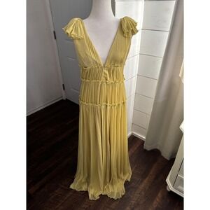 INA Dress Womens Medium Yellow Gold Metallic Pleated Maxi Deep V‎ Formal Wedding